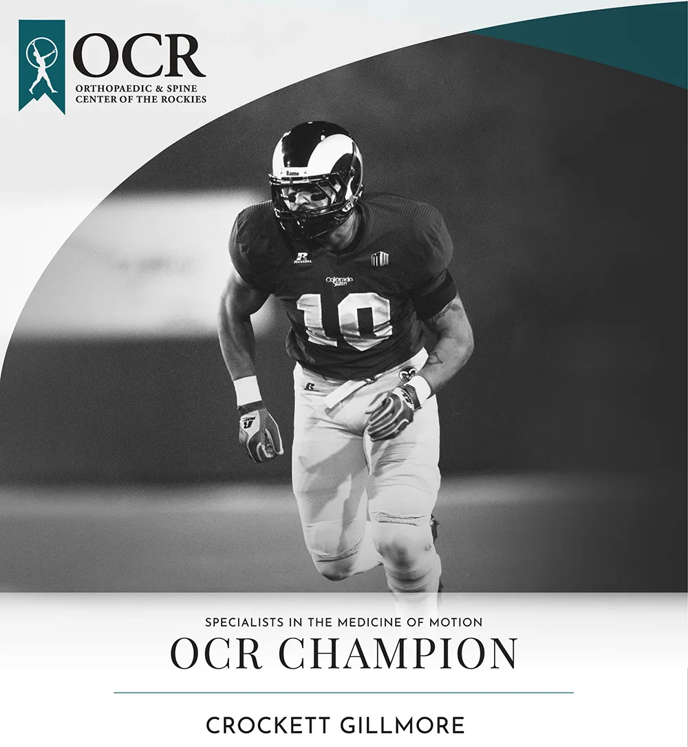 person playing football, OCR logo, text that reads: Specialists in the medicine of motion, OCR Champion, Crockett Gillmore