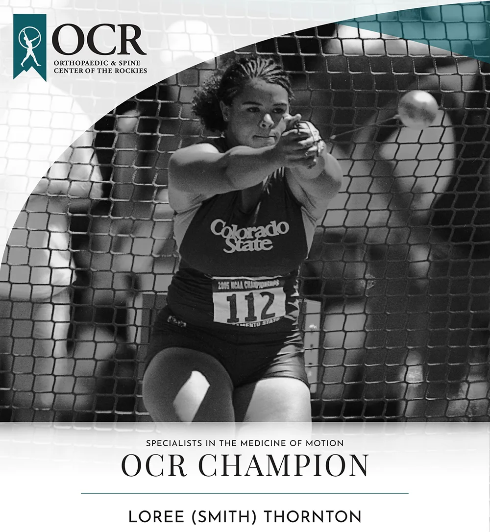 woman playing volleyball, OCR logo, text that reads: Specialists in the medicine of Motion, OCR Champion, Loree (Smith) Thornton