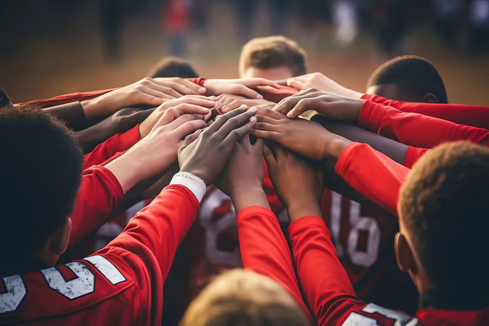 high school football team putting hands in together