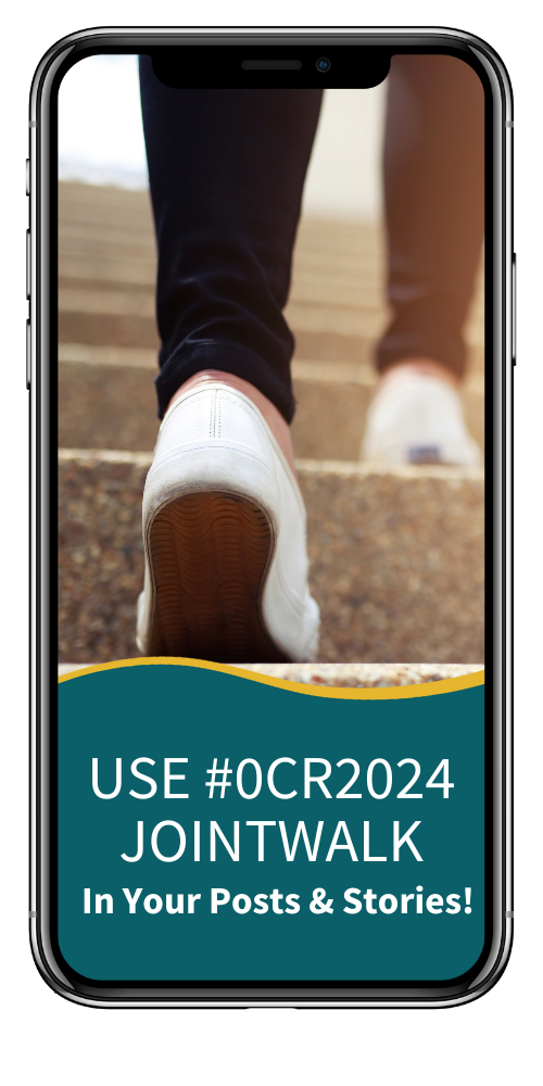 cell phone mockup that says "use #OCR2024JOINT WALK" for your social stories and posts