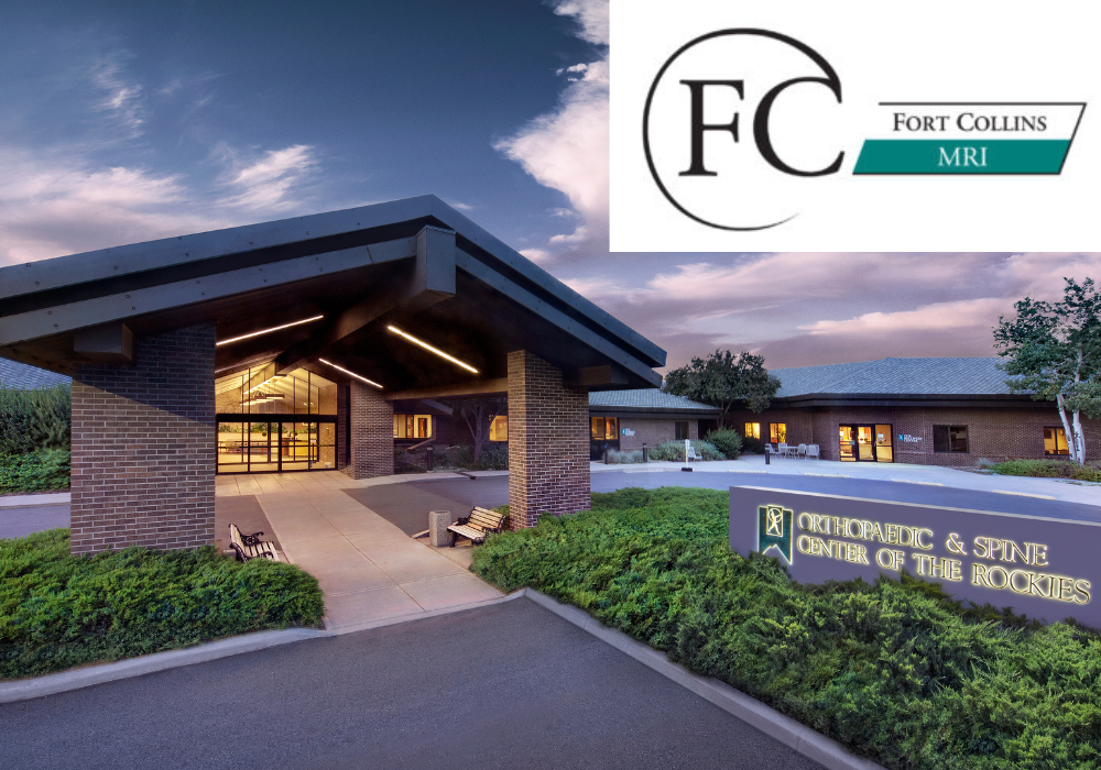 A modern brick building with lush greenery outside serves as the entrance to the Orthopaedic & Spine Center of the Rockies. The entrance pathway is well-lit, and a sign displaying the center's name is in the foreground. The Fort Collins MRI logo is in the top right corner.