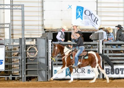 Someone on a brown horse holding an OCR flag