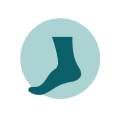 A teal sock icon is displayed in the center of a light blue circular background, set against a white backdrop. The sock is simple in design and points to the left.