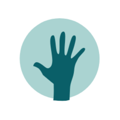 An illustration of an open hand in a teal color, positioned upright with fingers spread apart, set against a light blue circle background.