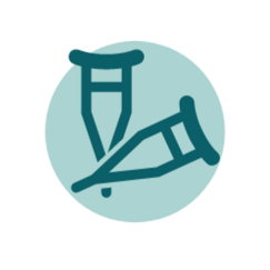 A teal icon featuring two crutches crossing each other, set against a circular light blue background.