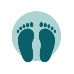 A stylized icon of two dark teal-colored footprints facing forward, positioned within a light teal circular background. The footprints have five toes each, and the circular backdrop contrasts with the darker color of the footprints.