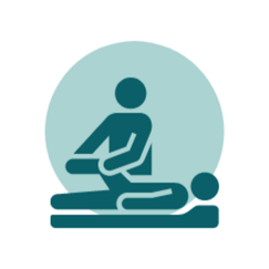 Icon depicting a stylized figure giving a massage to another figure lying face down. The background has a light blue circular shape, creating a simple, professional design.