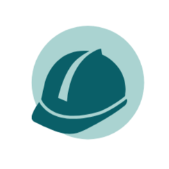 Icon depicting a teal-colored hard hat set against a light blue circular background. The hard hat features a white stripe running from the front to the back.