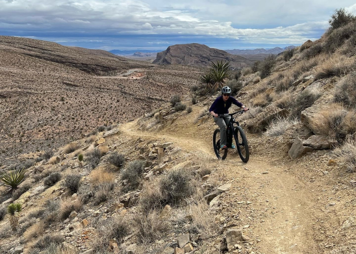 A person wearing a helmet and sunglasses rides a mountain bike on a dirt trail in a rocky, desert landscape. The sky is overcast, and rugged hills and sparse vegetation can be seen in the background.