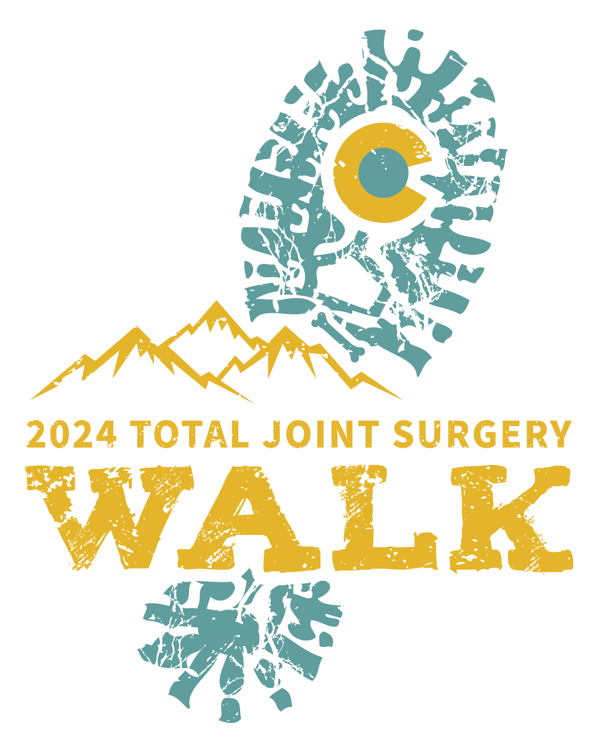 Logo for the 2024 Total Joint Surgery Walk, featuring a stylized footprint with a circular symbol within it. Mountains are depicted above the text "2024 Total Joint Surgery Walk" in distressed yellow and greenish-blue font.