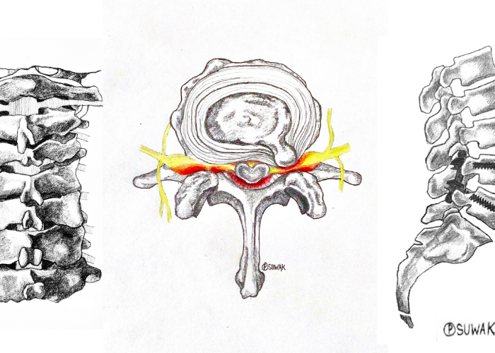 A medical illustration showing three views of the spine. The left side depicts vertebrae laterally, the center shows a cross-section with spinal cord and nerves highlighted, and the right side illustrates vertebrae from another lateral perspective.