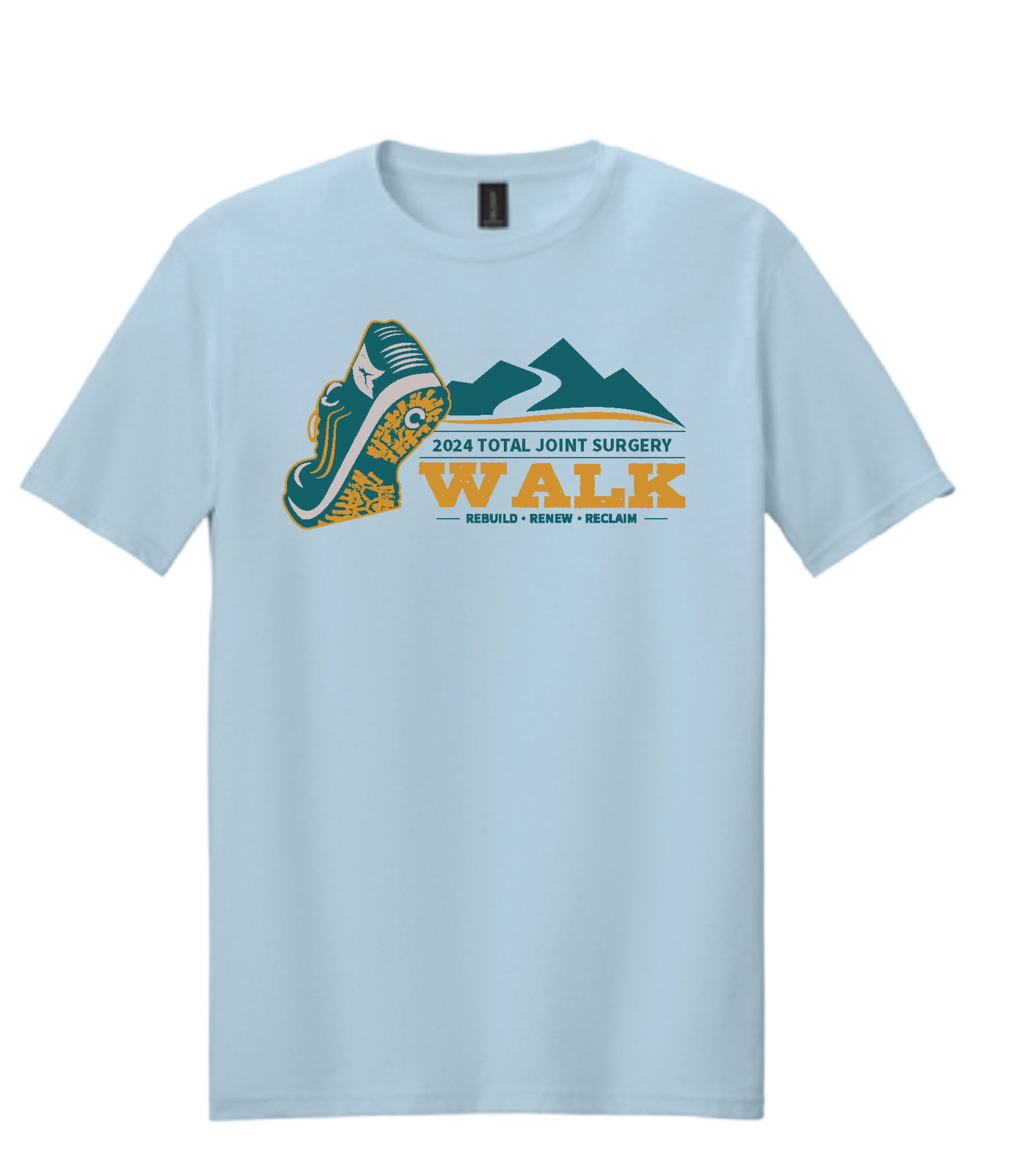 A light blue T-shirt features a design for the "2024 Total Joint Surgery Walk." The graphic shows a sneaker next to mountain peaks, with the slogan "Rebuild • Renew • Reclaim" beneath.