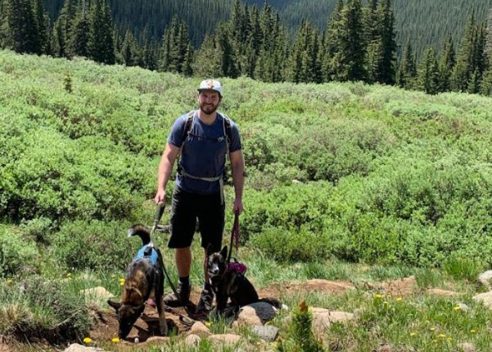 A person stands on a hiking trail in a lush, green mountainous area, holding the leashes of two dogs. The person wears a cap, a backpack, a blue t-shirt, and black shorts. One dog seems to be sniffing the ground, while the other is sitting attentively. Pine trees are visible in the background.